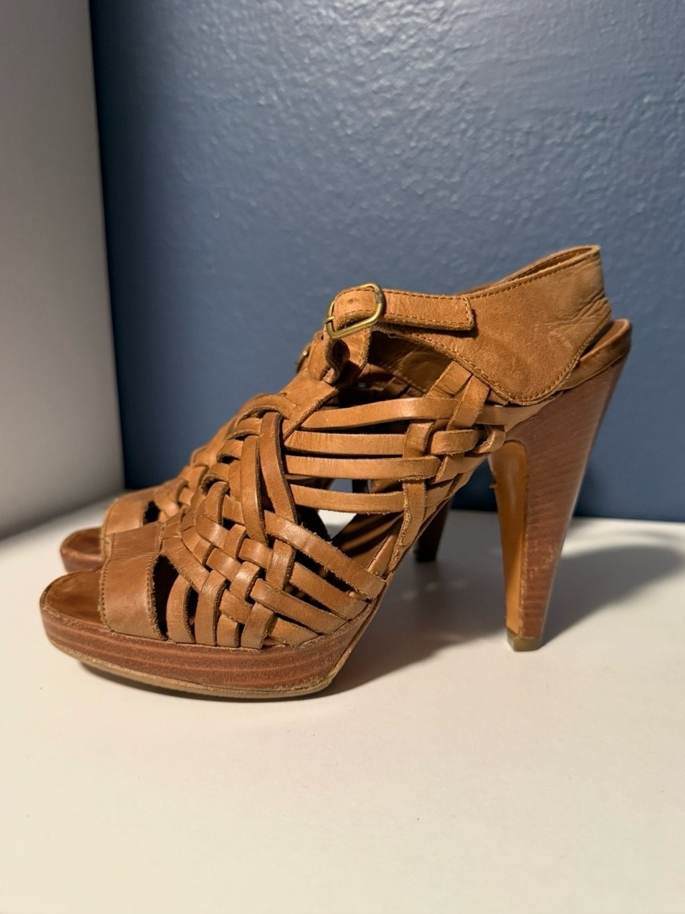 Barneys New York Co-Op Brown Woven Leather Platform  4” Cone Heel Size 37 (7)